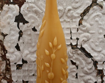 100% Pure Beeswax Candle - XL Antique Lime Juice Bottle w/ Flowers