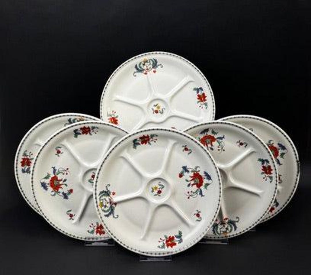 Set of 6 Compartmentalized Plates, Paris Porcelain, Pavot Pattern