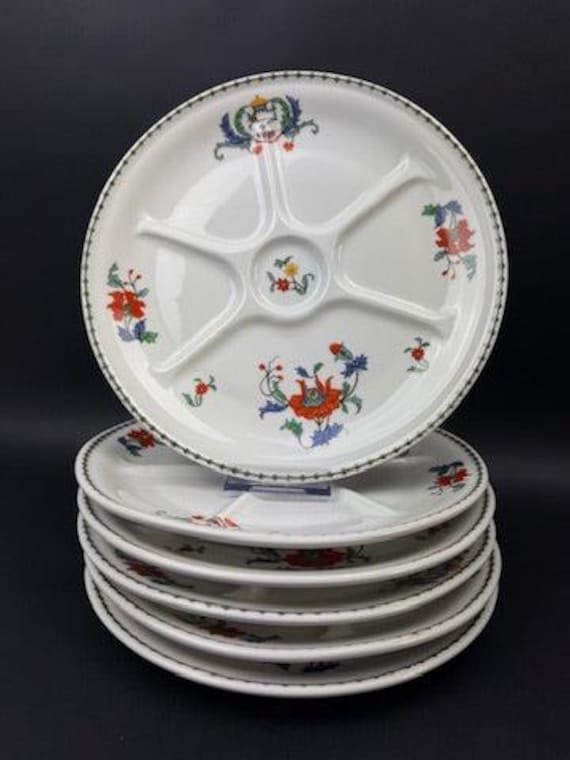 Set of 6 Compartmentalized Plates, Paris Porcelain, Pavot Pattern