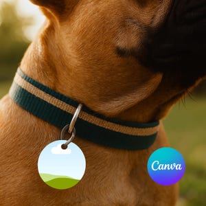 May include: Close-up of a dog wearing a green and tan striped collar with a silver tag. The tag is round with a sky and green landscape design. The dog has brown fur.