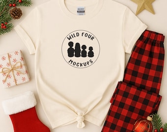 Natural Gildan 5000 Christmas Flay Lay Mockup | Print on Demand