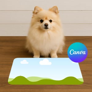 Modell för vit pomeranian-matta: matningsmatta 12x18 (redigerbar Canva-mall)