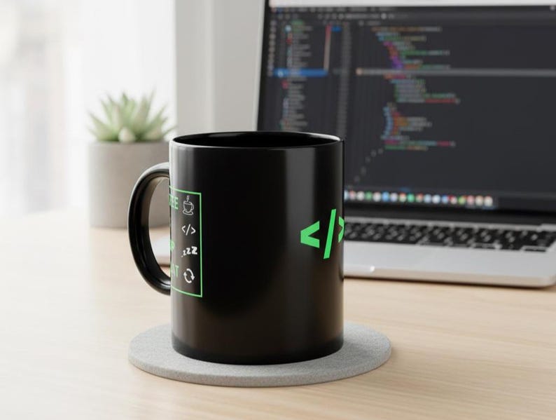 K&ouml;nnte beinhalten: Eine schwarze Kaffeetasse mit gr&uuml;nem Text und Symbolen zum Thema Programmieren. Die Tasse steht auf einem grauen Untersetzer, im Hintergrund ist ein Laptop mit Code zu sehen. Eine kleine Sukkulente ist ebenfalls sichtbar.