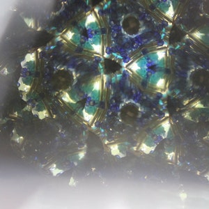 Pu&ograve; includere: Un'immagine di caleidoscopio con un motivo ripetitivo di blu, verde e oro. L'immagine &egrave; sfocata e fuori fuoco.