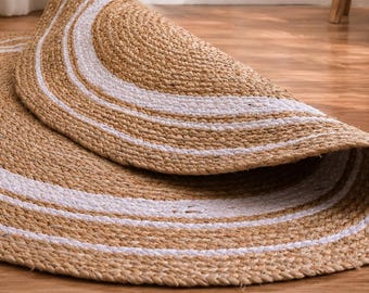 Handmade Wool Jute Rug: Round Boho Rug, Rustic Home Decor
