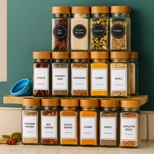 Square Glass Spice Jars with Bamboo Lids – Empty Jars + Labels + Funnel | Drawer & Rack Pantry Organizer Set for Kitchen Storage