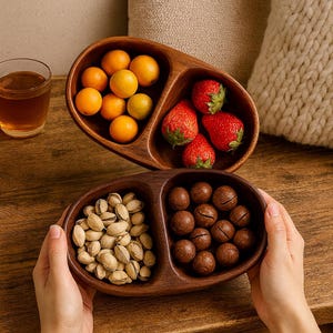 Large Round Wooden Serving Bowl with 2 Compartments –Rustic Acacia Snack Tray for Nuts, Fruits, or Appetizers – Natural Handmade Kitchenware
