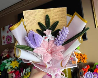 Mini Handmade Fuzzy Flower Bouquet – Pink Lily & Pastel Blooms