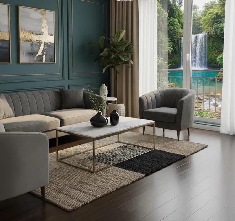 May include: A modern living room with a gray sectional sofa, a marble-topped coffee table, and a patterned rug. The room features a large window with a view of a waterfall and lush greenery. Decorative vases and artwork add to the room's aesthetic.