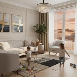 May include: A modern living room with neutral tones, featuring a beige sectional sofa, two armchairs, and a round coffee table. A patterned rug and a crystal chandelier add visual interest. Two children are playing on the floor.