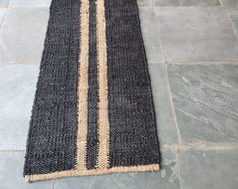 Handwoven Jute Runner Rug: Black & White Hemp, Vintage Stair Decor