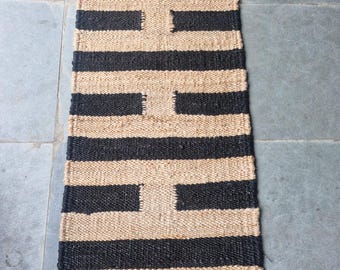 Handwoven Jute Runner: Black & White Hemp Rug, Vintage Stair Decor