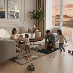 May include: A family in a living room with a beige sofa, two armchairs, and a round wooden coffee table. A rug with geometric patterns is on the floor. The family is interacting with each other, playing with toys. Large windows show a desert landscape.