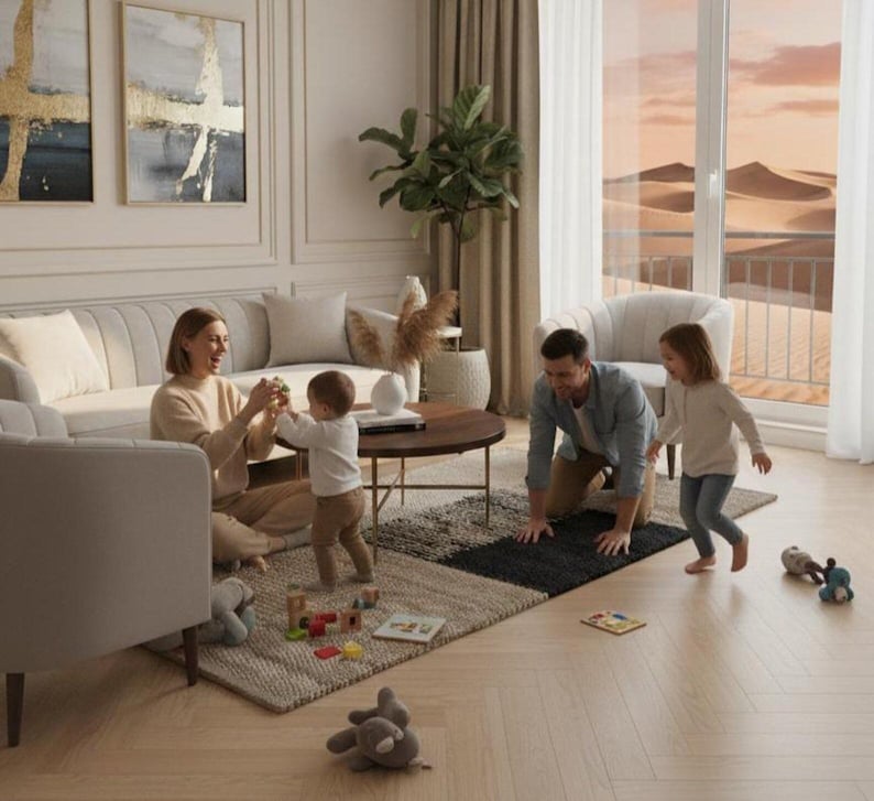 May include: A family in a living room with a beige sofa, two armchairs, and a round wooden coffee table. A rug with geometric patterns is on the floor. The family is interacting with each other, playing with toys. Large windows show a desert landscape.