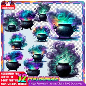 Puede incluir: Un paquete PNG digital con 12 imágenes de calderos negros con humo colorido y arremolinado. Los calderos tienen asas ornamentadas y están llenos de humo mágico vibrante en tonos de azul, verde, morado y amarillo. Texto: "High Quality PNG" y "12 PNG Bundle."