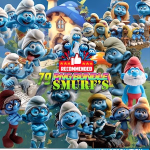 Puede incluir: Una imagen colorida con múltiples personajes de los Pitufos, con una casa de fondo. El texto "79 PNG BUNDLE SMURF'S" y "RECOMMENDED" está presente. La imagen es de alta resolución 3D e incluye PNGs con fondos transparentes.