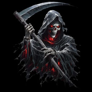 May include: Digital artwork of the Grim Reaper, a skeletal figure in a black hooded cloak, wielding a scythe. The figure has red glowing eyes and a fiery red glow within the cloak, set against a black backdrop.