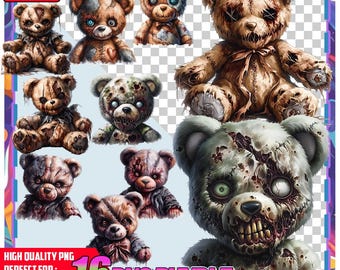 Creepy Zombie Teddy Bear Clipart: Halloween Art (Digital Download)