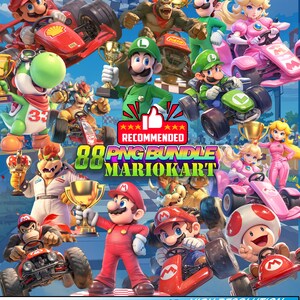 May include: A vibrant digital illustration featuring characters from the Mario Kart video game series. Mario, Luigi, Princess Peach, and others are shown in their karts, holding trophies. The image includes the text "88 PNG BUNDLE MARIOKART".
