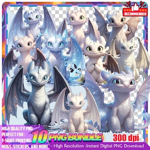 Puede incluir: Un paquete PNG digital con diez ilustraciones de dragones blancos y azules con grandes alas. La imagen incluye el texto "10 PNG BUNDLE" y "300 dpi". Los dragones están en varias poses, perfectos para la impresión de camisetas, tazas, pegatinas y más.
