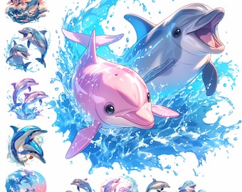 Paquete de imágenes prediseñadas de delfines juguetones / Imprimibles de arte marino (Descarga digital)