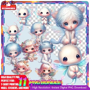 May include: A digital PNG bundle featuring 11 adorable fairy illustrations with large eyes, wings, and pastel colors. The text reads "High Quality PNG Perfect for: T-Shirt Printing, Mugs, Stickers, and More". The bundle is a high-resolution, instant digital download.
