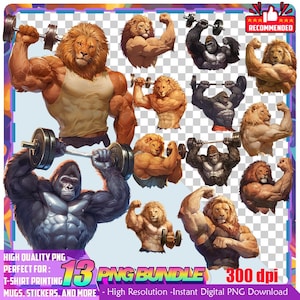 May include: A digital PNG bundle featuring illustrations of muscular lions and gorillas lifting weights. The images are in various poses, with a recommended badge in the top right corner. Text includes "13 PNG BUNDLE" and "300 dpi".