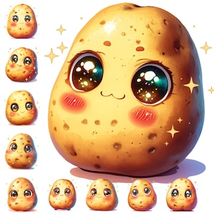 Könnte beinhalten: Eine skurrile Illustration einer Cartoon-Kartoffel mit großen, ausdrucksstarken Augen und rosigen Wangen. Die Kartoffel hat eine hellbraune Schale mit kleinen Flecken und ist von funkelnden Sternen umgeben. Mehrere kleinere Kartoffeln mit ähnlichen Merkmalen sind ebenfalls vorhanden.