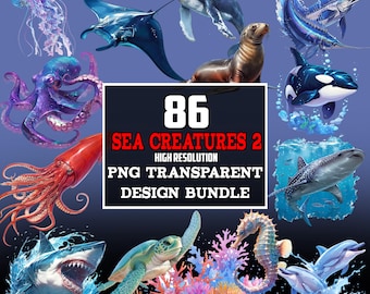 Zeedieren PNG-clipartbundel – Oceaandieren, knutselwerkjes (digitale download)
