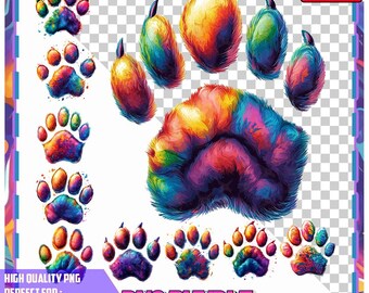 Könnte beinhalten: Ein PNG-Paket mit farbenfrohen Pfotenabdrücken und einzelnen Zehenabdrücken in Regenbogenfarben. Das Design enthält den Text "PNG BUNDLE" und "HIGH QUALITY PNG PERFECT FOR: T-SHIRT PRINTING, MUGS, STICKERS, AND MORE".