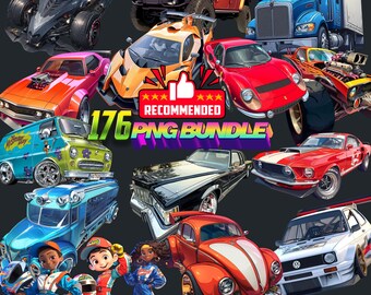 カートゥーンカー PNG バンドル: スポーツ & クラシック デザイン (デジタル ダウンロード)