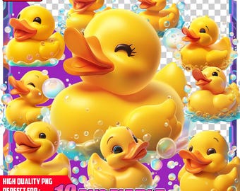 Paquete de imágenes prediseñadas de patitos de goma: PNG para la hora del baño, adorables ilustraciones de patitos amarillos, descarga digital