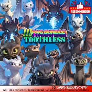 Puede incluir: Un paquete de arte digital con varios dragones de dibujos animados, incluyendo dragones negros, blancos y marrones. La imagen incluye el texto "111 PNG BUNDLE TOOTHLESS" y "3D HIGH RESOLUTION". La imagen también incluye el texto "INCLUDES PNGS WITH TRANSPARENT BACKGROUNDS + STYLISH BACKDROPS".