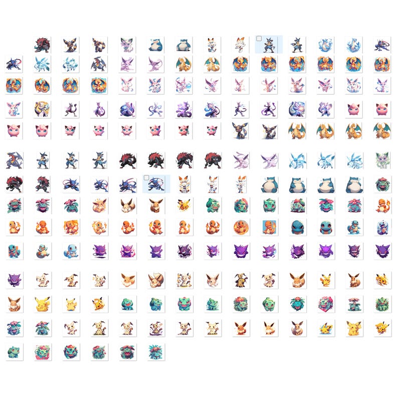 Puede incluir: Una cuadr&iacute;cula de varias ilustraciones coloridas de personajes Pok&eacute;mon, cada una sobre un fondo blanco. La colecci&oacute;n incluye personajes populares como Pikachu, Charmander y Bulbasaur, mostrando una variedad de poses y dise&ntilde;os.