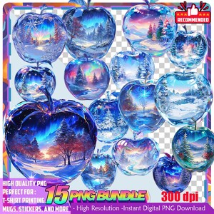 May include: A collection of 15 digital PNG apple illustrations, each showcasing a winter landscape scene within a transparent apple shape. The apples feature vibrant blue, purple, and white colors, with text indicating high resolution and suitability for various applications.