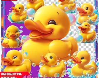 Paquete de imágenes prediseñadas de patitos de goma: PNG para la hora del baño, adorables ilustraciones de patitos amarillos, descarga digital