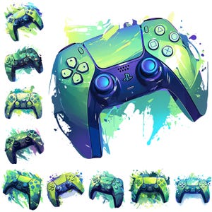 May include: A vibrant illustration of a video game controller in shades of green and blue, with a splash art style. The controller features buttons and joysticks, set against a white background. Additional smaller controller images are scattered around the main image.
