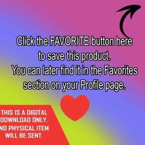 Puede incluir: Imagen de producto digital con un fondo degradado de morado, rosa y amarillo. El texto anima a los usuarios a hacer clic en el bot&oacute;n "FAVORITO" para guardar el producto. Se incluye un gr&aacute;fico de coraz&oacute;n rojo. El texto tambi&eacute;n indica que esto es solo una descarga digital.