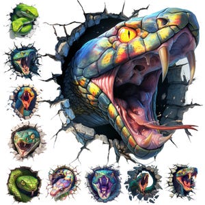 May include: A detailed illustration of a snake bursting through a wall, featuring a large, open-mouthed snake head with sharp fangs and a yellow eye. Smaller images of snakes in different colours and poses surround the main image.