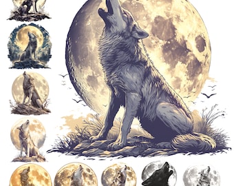 May include: A digital illustration of a howling wolf against a full moon. The wolf is depicted in shades of gray and brown, with detailed fur and a raised head. The moon is a large, bright yellow circle in the background. Several smaller images of wolves howling at the moon are also present.
