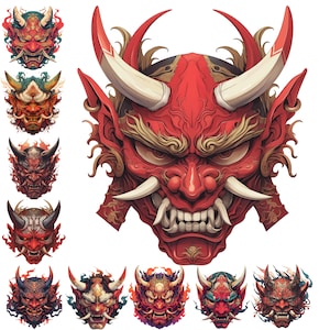 May include: A selection of detailed Japanese Oni masks in various designs. The masks feature bold colours like red, gold, and blue, with prominent horns, sharp teeth, and intricate facial features. The masks are a symbol of protection and good fortune.