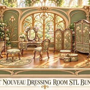 May include: A miniature dressing room set featuring a vanity with a mirror, a chair, an ottoman, a wardrobe, a folding screen, a floor mirror, a dress form, and storage boxes, all decorated with floral carvings and text Art Nouveau Dressing Room STL Bundle.