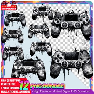 Könnte beinhalten: Eine Sammlung von schwarz-weißen digitalen Illustrationen von Gamecontrollern mit einem Grunge-Farbspritzer-Effekt. Das Bild enthält den Text "12 PNG Bundle" und "High Quality PNG".