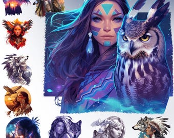 Native Spirit Clipart | Fantasy Dubbelexponering PNG-paket | Eterisk konst | Kommersiellt bruk