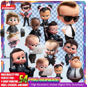 Może przedstawiać: Cyfrowy pakiet PNG z 13 postaciami z kreskówek w strojach biznesowych. Dzieci są w różnych pozach, niektóre używają laptopów, podnoszą ciężary lub trzymają filiżanki do kawy. Obraz zawiera tekst "54 PNG Bundle" i "High Quality PNG".