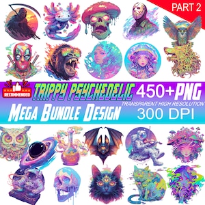 Puede incluir: Un vibrante diseño de mega paquete de arte digital con ilustraciones triposas y psicodélicas. La colección incluye imágenes de una Parca, ajolote, calavera, Jason Voorhees, búho, lobo, Deadpool, gorila y más. El texto dice "TRIPPY PSYCHEDELIC MEGA BUNDLE DESIGN 450+PNG".