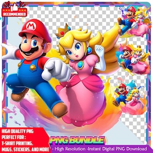 Mario en Peach aquarel clipart: gaming png-afbeelding (digitale download)