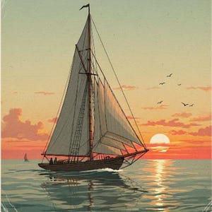 Vintage Sailboat Sunset Wall Art, Nautical Ocean Print, Coastal Decor, Digital Download, Seascape Printable Art