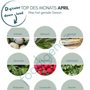 Seasonal calendar month April Version in German Seasonal calendar April, vegetable season, digital print kitchen, poster digital nutrition