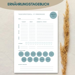 Könnte beinhalten: Ein weißes Ernährungstagebuch mit der Überschrift ERNÄHRUNGSTAGEBUCH und TAGESPROTOKOLL ERNÄHRUNG. Es enthält Felder für Name, Datum, Uhrzeit, Lebensmittel, Getränke, Snacks sowie eine Checkliste für verschiedene Lebensmittelgruppen.